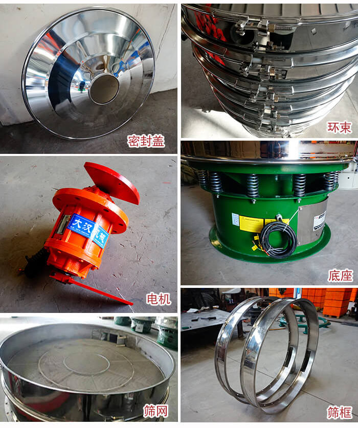部件包括:密封蓋,環束,電機,底座,篩網,篩框等。